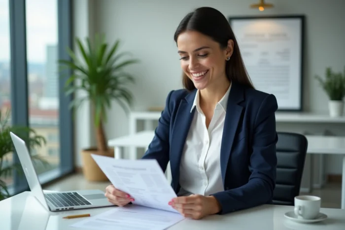 Femme professionnelle en blazer marine examinant un CV dans un bureau moderne pour booster sa carrière avec Avenir Express