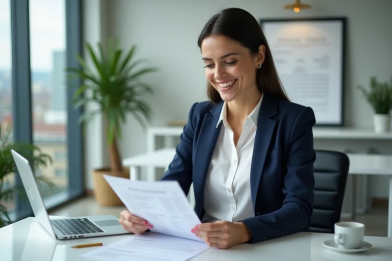 Femme professionnelle en blazer marine examinant un CV dans un bureau moderne pour booster sa carrière avec Avenir Express