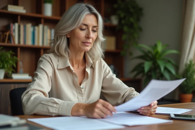 Femme portant une prothèse capillaire qui consulte des documents de remboursement mutuelle à son bureau à domicile