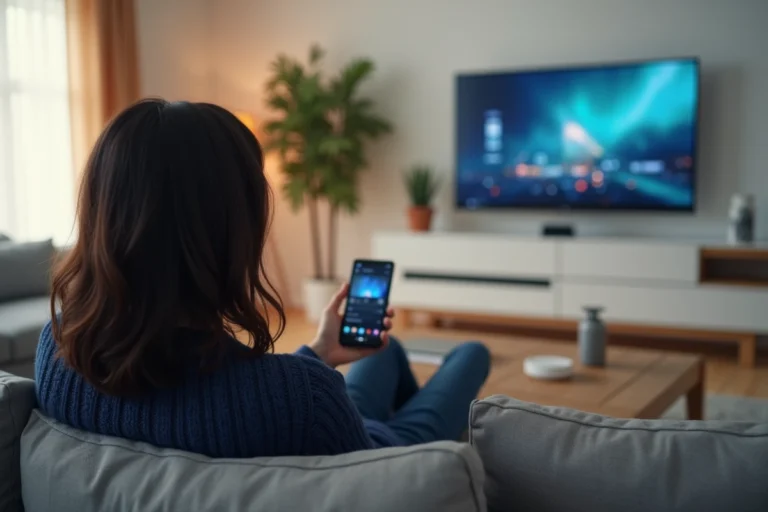 Femme regardant une plateforme de streaming VOD sur sa télévision dans un salon moderne et cosy