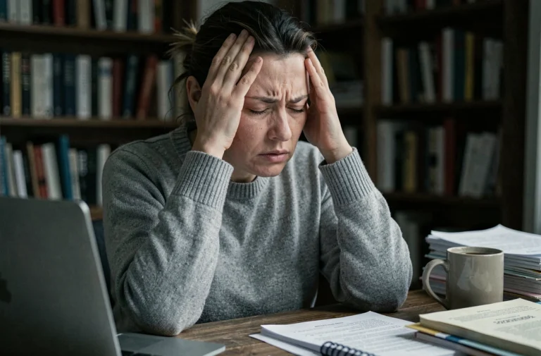 Femme stressée tenant ses tempes avec les mains, souffrant de décharges électriques dans la tête liées au stress au bureau