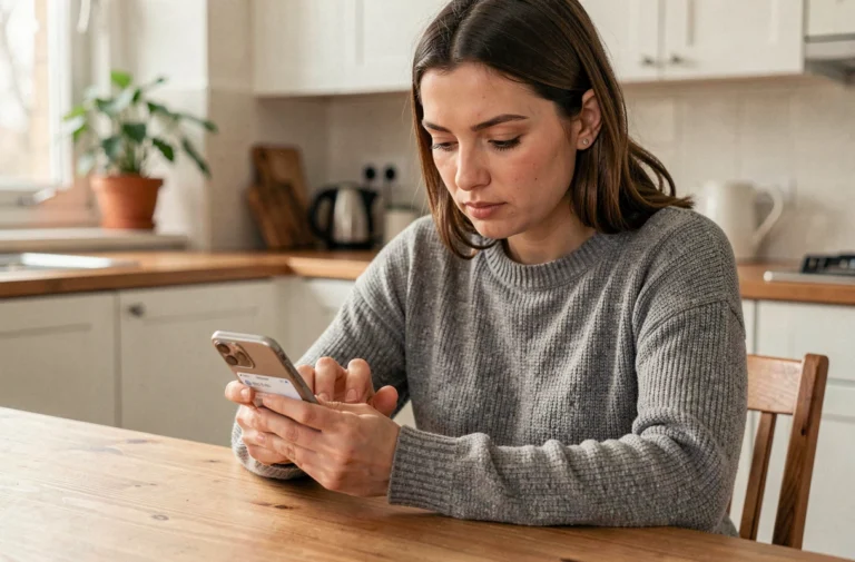 Femme téléchargeant l'application Mon Proxima sur son smartphone depuis sa cuisine
