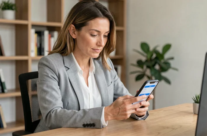 Femme professionnelle téléchargeant l'application MyPeopleDoc sur son smartphone dans un bureau à domicile moderne