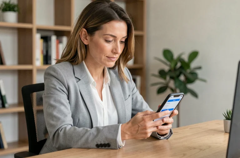 Femme professionnelle téléchargeant l'application MyPeopleDoc sur son smartphone dans un bureau à domicile moderne