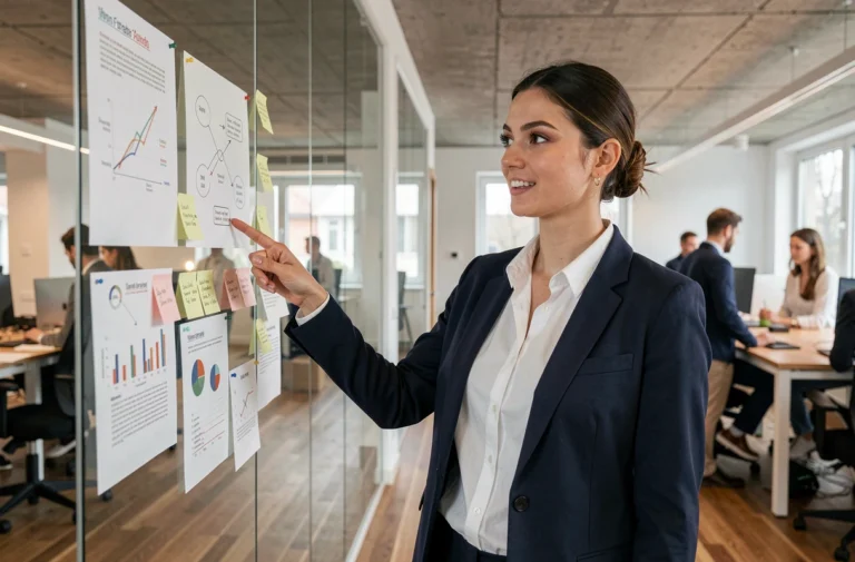 Fondatrice de startup suisse présentant des données de croissance dans un espace de coworking moderne à Zurich