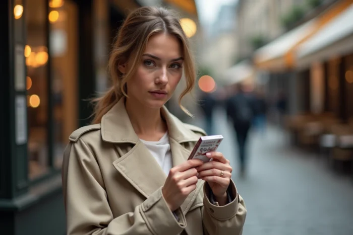 Femme examinant un nouveau paquet de cigarettes slim dans une rue parisienne, reflétant l'interrogation des fumeurs face aux nouvelles couleurs réglementaires