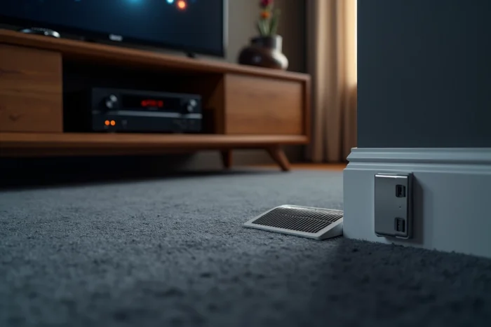 Gros plan sur une gaine de ventilation discrète au sol d'une salle de home cinéma avec meuble AV
