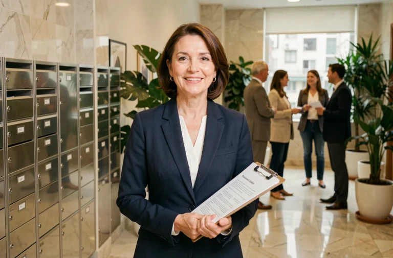 Gestionnaire de copropriété professionnelle tenant un dossier dans le hall d'entrée d'une résidence moderne