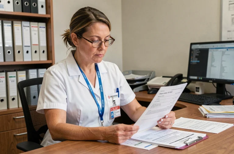 Professionnelle de santé examinant sa fiche de paie et les documents relatifs à la grille salariale CCN 51 dans un bureau administratif