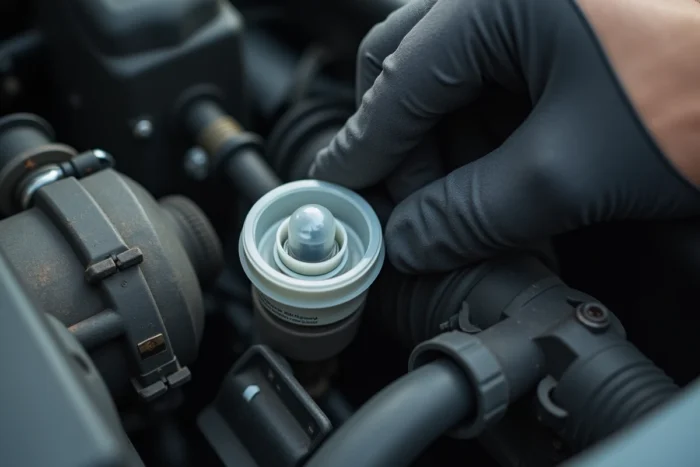 Gros plan sur la pompe d'amorçage manuelle du circuit gasoil d'un moteur HDi Peugeot 308