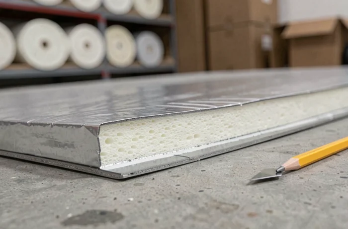 Gros plan sur la coupe transversale d'une plaque d'isolant intérieur fin révélant ses couches de matériaux