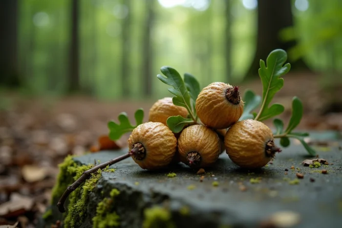 Gros plan de galles de chêne sur une branche avec feuilles dentelées, posées sur une pierre en forêt