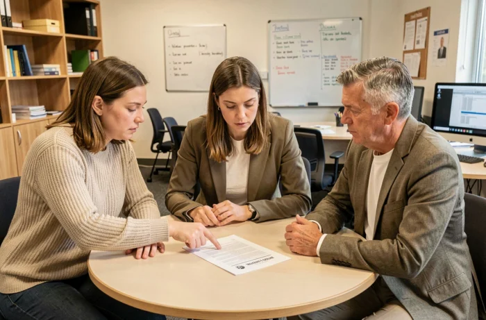 Groupe d'enseignants réunis autour d'un document administratif pour discuter des démarches liées aux retards de salaire et au calendrier de paye 2026