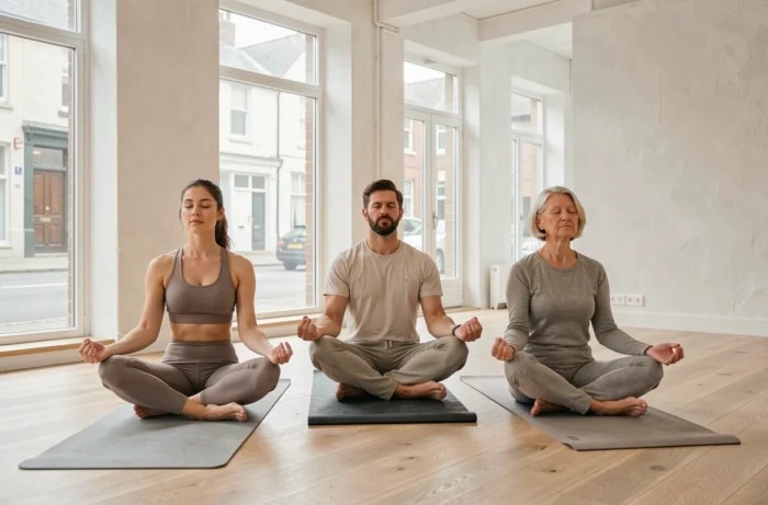 Groupe d'adultes pratiquant la méditation dans un studio de bien-être, illustrant les bienfaits de la pleine conscience et du repos mental pour la santé globale