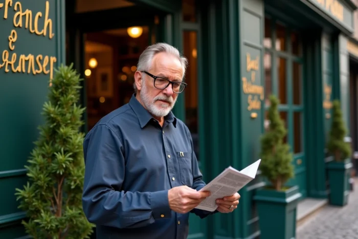 Homme consultant un guide de restaurants devant la façade d'une brasserie parisienne traditionnelle aux boiseries vertes