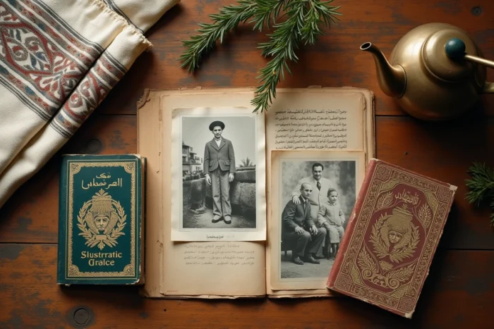 Objets patrimoniaux libanais disposés sur une table en bois : passeport vintage, photos en noir et blanc et tissu brodé traditionnel