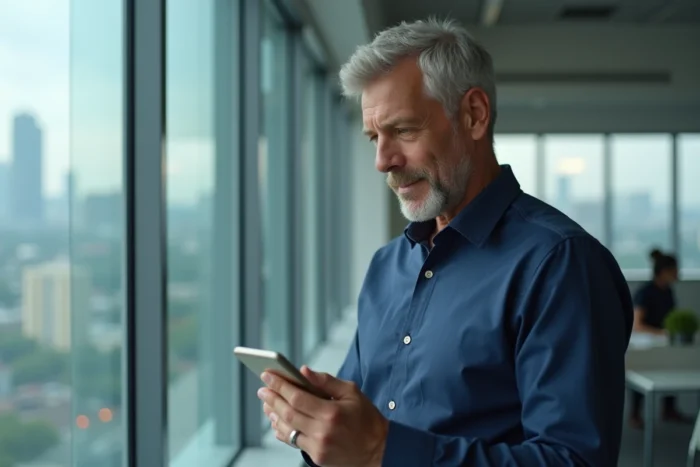 Homme accédant à ses fiches de paie archivées depuis une application de coffre-fort numérique sur smartphone au bureau