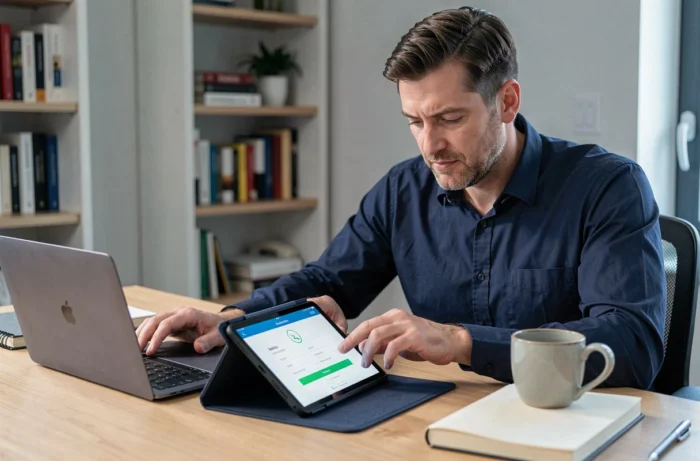 Homme activant son espace protégé sur l'application Mon Proxima depuis un bureau à domicile