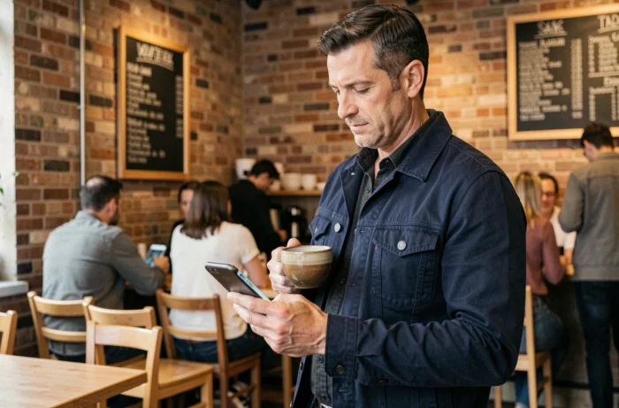Homme lisant les actualités numériques sur smartphone dans un café urbain