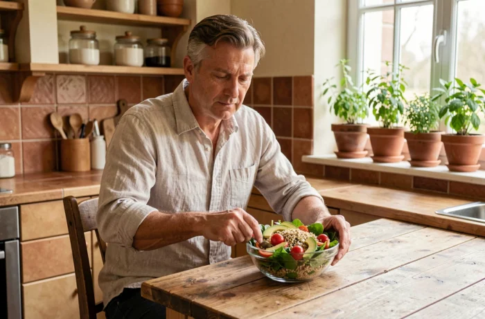 Homme d'âge mûr préparant un repas sain et équilibré dans sa cuisine, symbolisant l'alimentation comme pilier fondamental de la santé au quotidien