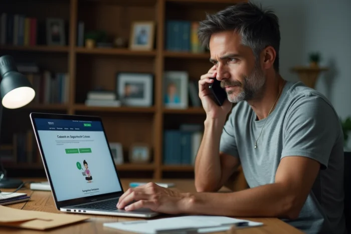 Homme contactant le service client par téléphone et ordinateur pour résoudre un problème d'abonnement à un magazine comme Télé Z