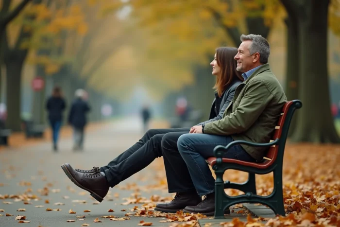 Homme au record de taille assis sur un banc de parc en automne entouré de personnes de taille moyenne, illustrant sa stature exceptionnelle