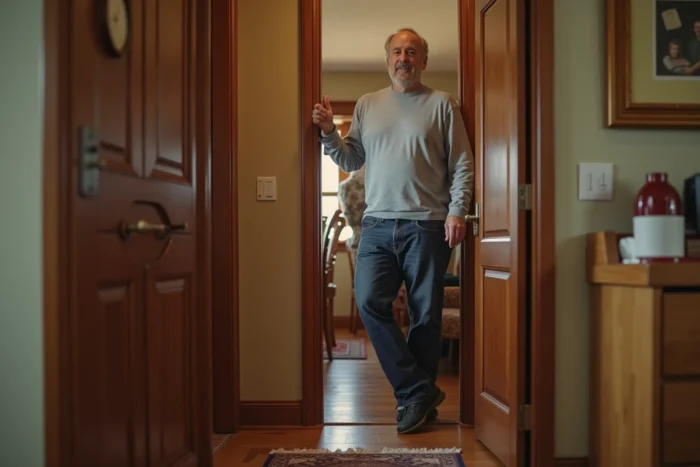 Homme de grande taille se courbant pour passer sous un cadre de porte standard dans une maison, soulignant son record de stature