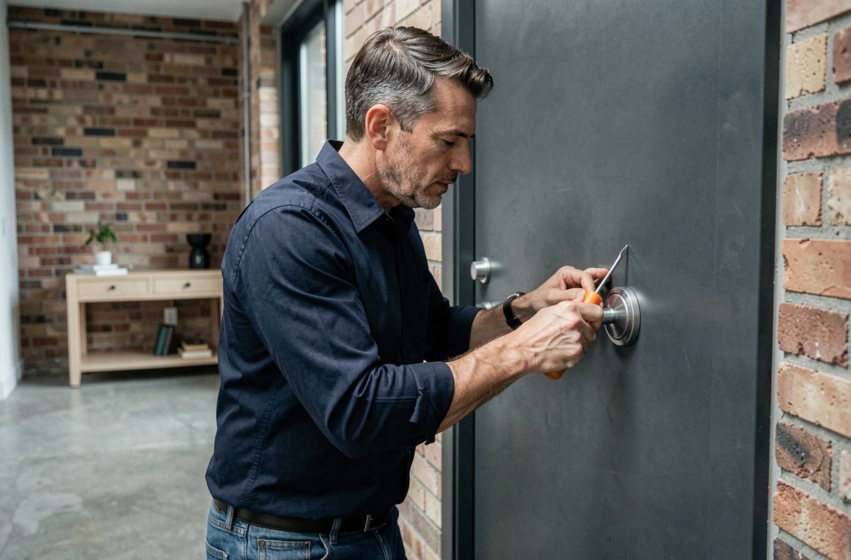Homme installant un verrou à bouton chromé sur une porte d'entrée gris anthracite dans un appartement moderne