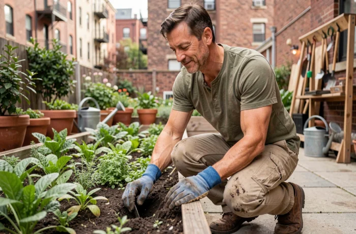 Homme jardinant dans un potager urbain parmi des légumes et des herbes fraîches, profitant de son temps libre en plein air