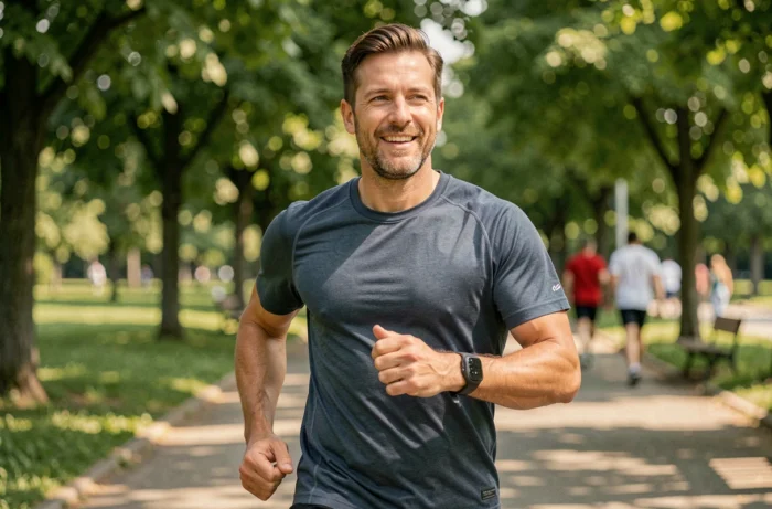Homme en bonne santé faisant du jogging dans un parc urbain avec une montre connectée