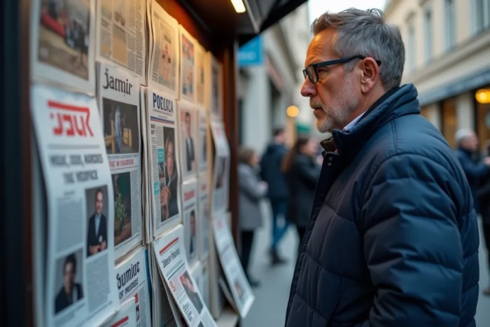 Homme consultant des journaux et magazines à un kiosque de presse en ville pour s'informer