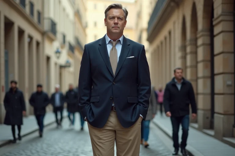 Homme exceptionnellement grand debout dans une rue pavée européenne, illustrant un record de taille mondiale