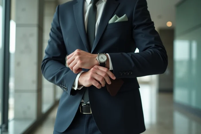 Homme en costume marine ajustant une montre minimaliste dans un lobby contemporain, style accessoires tendance