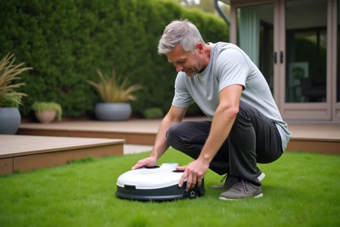 Homme examinant le robot tondeuse Parkside de Lidl dans son jardin pendant le week-end