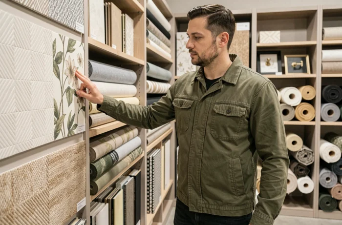 Homme explorant des échantillons de papier peint et de matériaux dans un showroom de décoration intérieure professionnelle