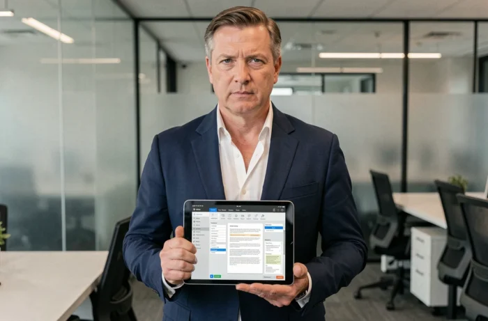 Homme en costume consultant l'application de gestion de documents professionnels MyPeopleDoc sur une tablette dans un bureau d'entreprise