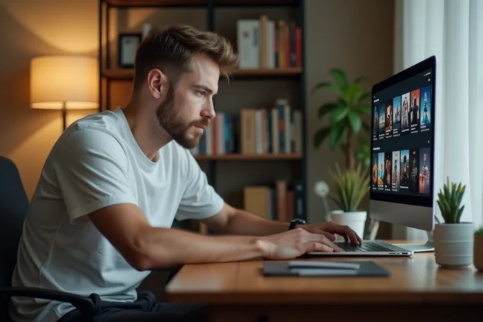 Homme consultant un catalogue de films sur une plateforme VOD depuis son bureau à domicile