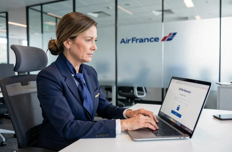 Hôtesse Air France accédant à son espace IntraLignes sur un ordinateur portable dans un bureau d'entreprise