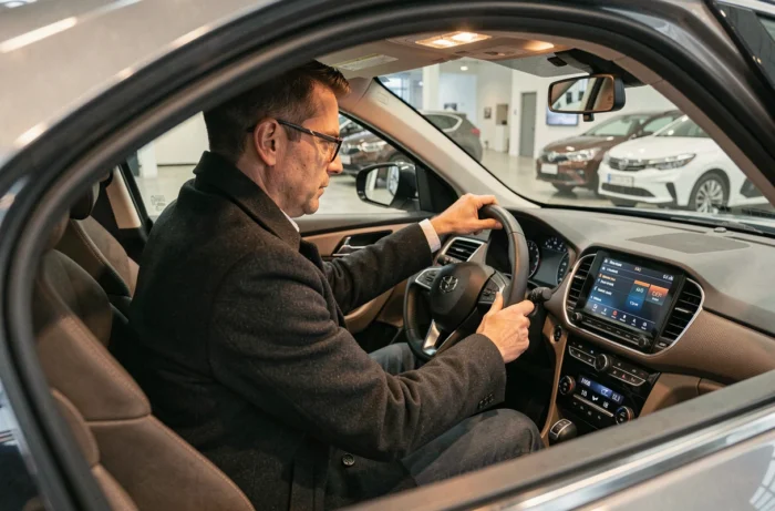 Homme inspectant l'intérieur et le tableau de bord d'une voiture dans un showroom belge