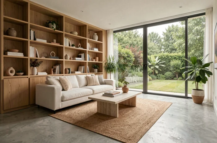Intérieur moderne et minimaliste d'une maison neuve avec salon épuré, baie vitrée et jardin verdoyant