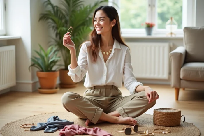 Jeune femme entourée d'accessoires tendance posés sur un parquet en bois, ambiance lifestyle et mode quotidienne