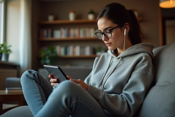 Jeune femme consultant les actualités sur une tablette numérique dans un salon confortable