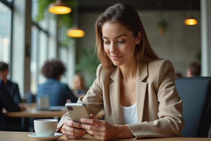 Jeune femme consultant l'application Mon Compte Formation sur son smartphone dans un espace de coworking pour financer une formation CPF