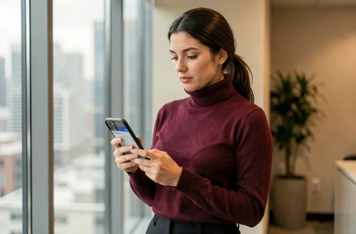 Jeune femme sécurisant ses documents professionnels via l'application MyPeopleDoc sur smartphone près d'une fenêtre de bureau en ville