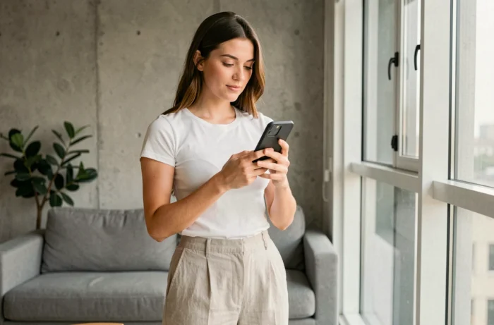 Jeune femme consultant le tutoriel d'activation de l'application Mon Proxima dans son salon