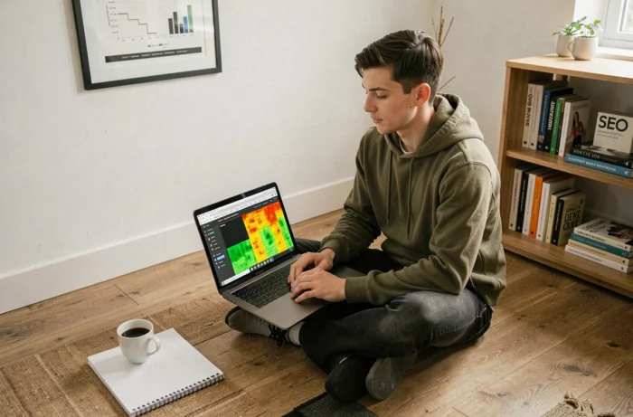 Jeune professionnel du SEO travaillant sur une analyse sémantique de densité de mots-clés avec son ordinateur portable dans un bureau minimaliste