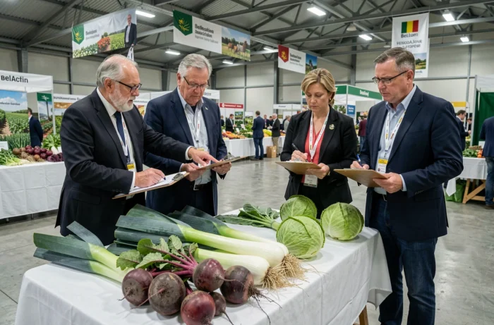 Jury de juges évaluant des légumes primés lors d'un concours agricole intérieur en Belgique