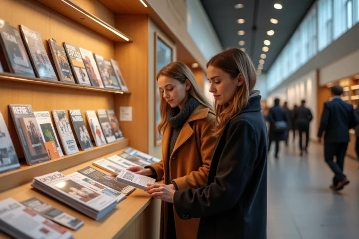 Deux femmes parcourant des magazines culturels et artistiques dans un centre culturel luxembourgeois