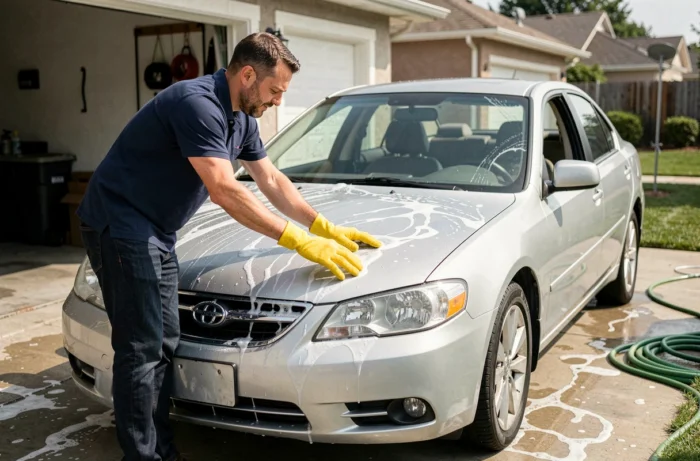 Homme lavant soigneusement sa voiture argentée dans l'allée de sa maison avec un gant microfibre et de l'eau savonneuse