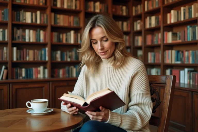 Femme lisant un livre dans une librairie indépendante française aux étagères chargées, ambiance chaleureuse et authentique